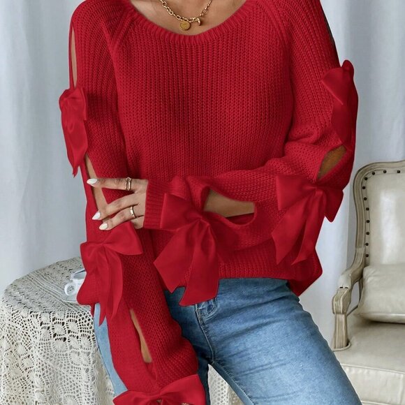 Red Casual Women's Hollow-Out Bow Decor Long Sleeve Sweater - Picture 1 of 5
